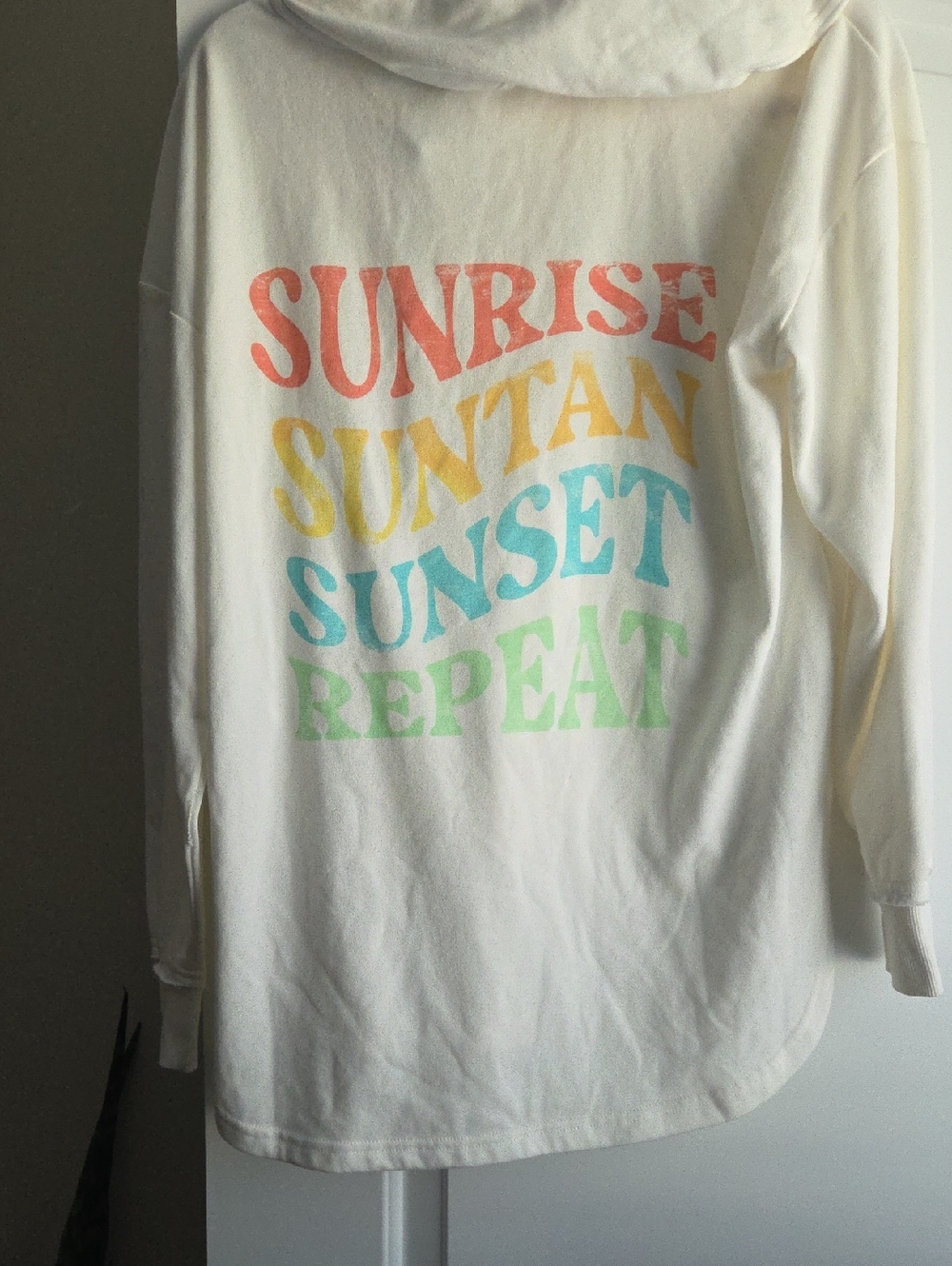 Maurices Cream Hoodie "Sunrise Suntan Sunset Repeat" with Multicolor Print